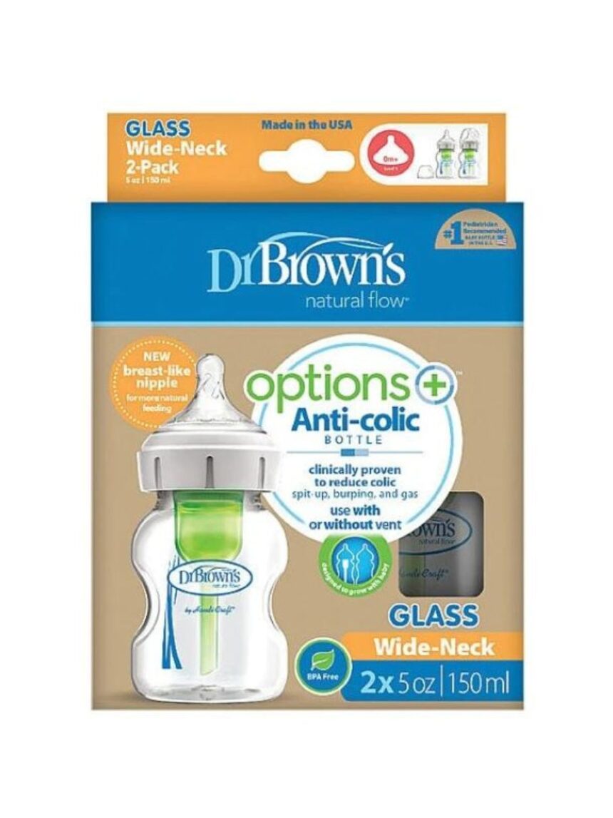 Dr. brown's options+ γυάλινο μπιμπερό με φαρδύ λαιμό & θηλή σιλικόνης 2x150ml wb52730 - Dr Browns