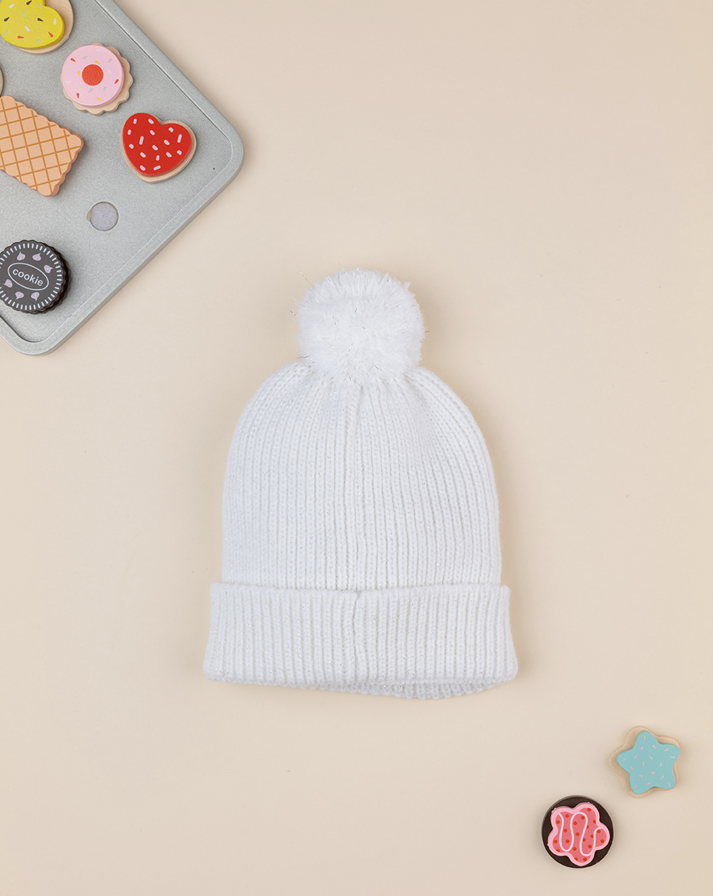 παιδικός πλεκτός σκούφος λευκός με πον-πον για κορίτσι - Prénatal