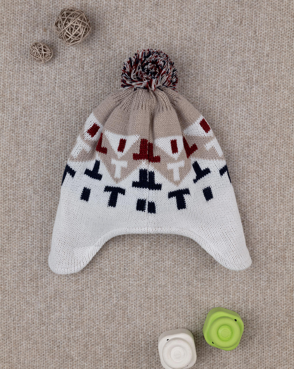 παιδικό σκουφάκι περουβιανού τύπου μπεζ/λευκό για αγόρι - Prénatal