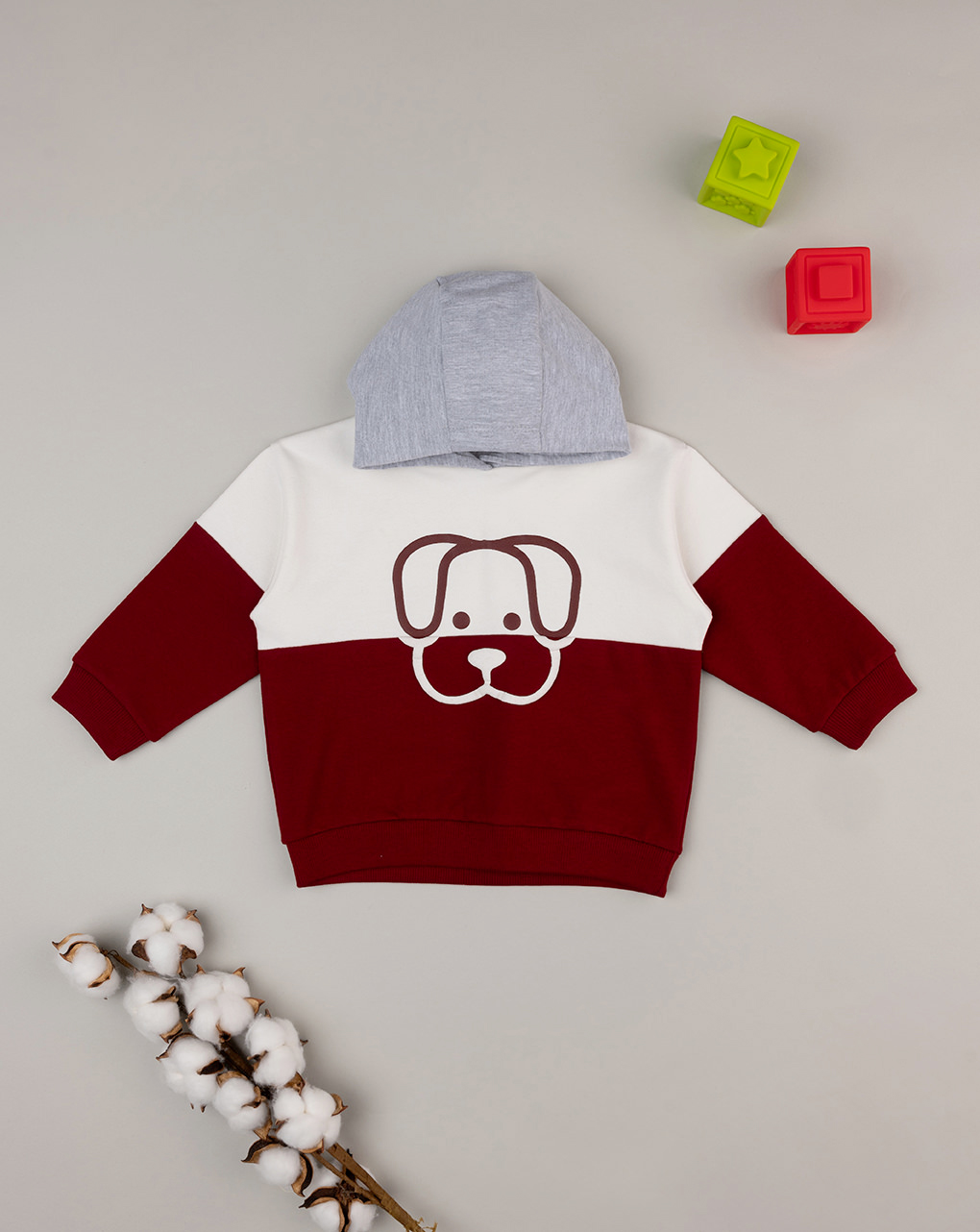 βρεφική μπλούζα φούτερ μπορντώ/λευκή με σκυλάκι για αγόρι - Prénatal