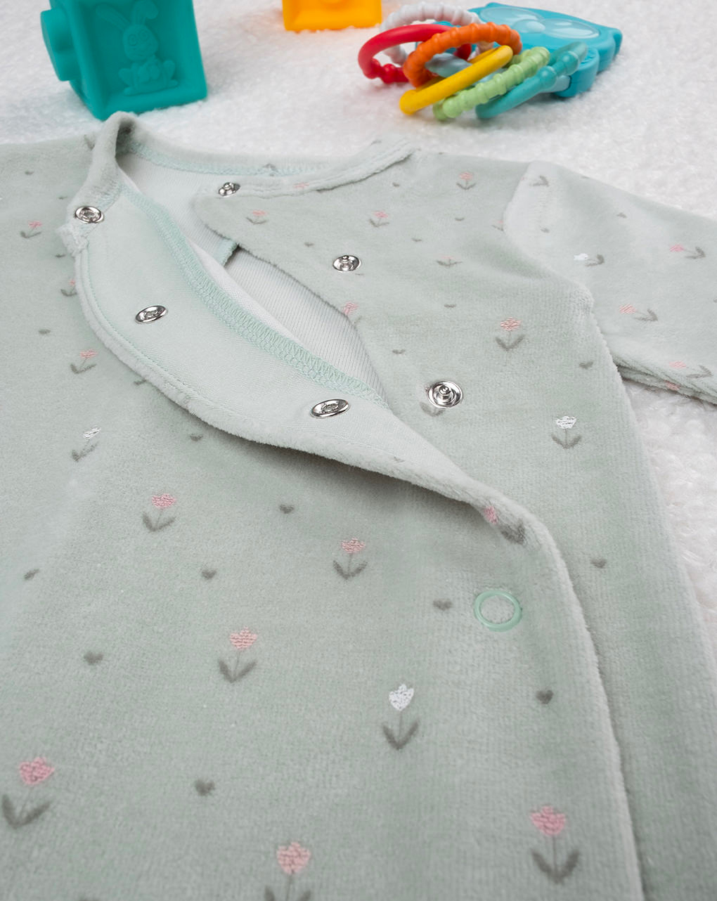 βρεφικό φορμάκι σενίλ πράσινο με λουλουδάκια για κορίτσι - Prénatal