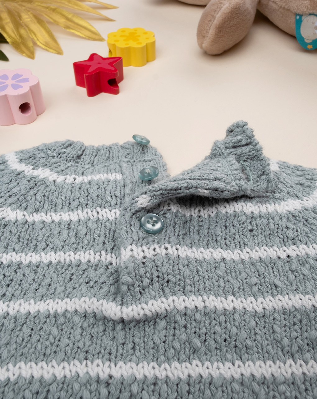 βρεφικό πουλόβερ γκριζοπράσινο ριγέ με αρκουδάκι για αγόρι - Prénatal