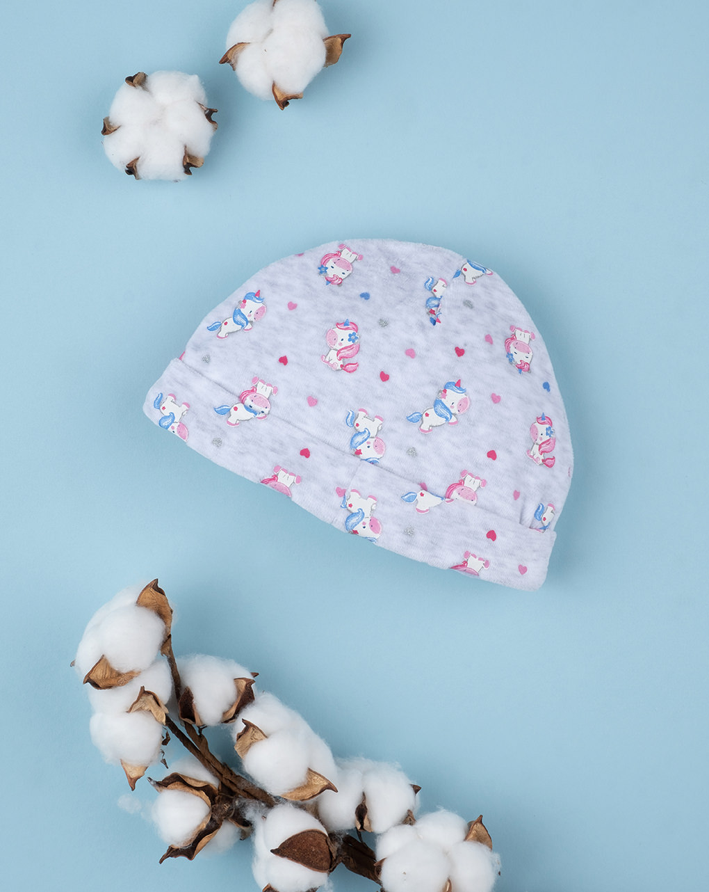 βρεφικό σκουφάκι σενίλ γκρι με μονόκερους για κορίτσι - Prénatal
