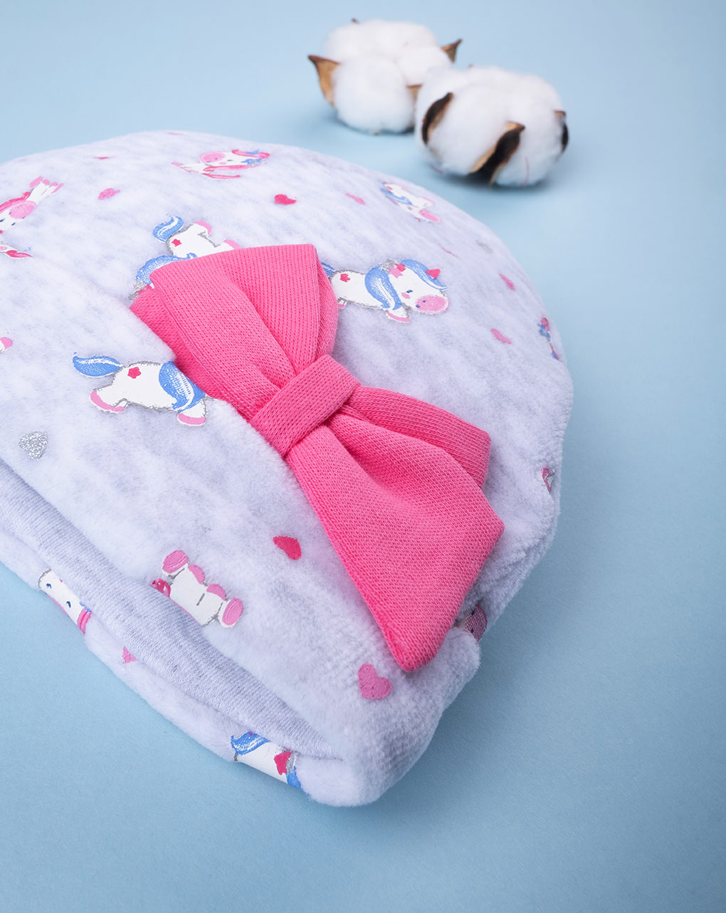 βρεφικό σκουφάκι σενίλ γκρι με μονόκερους για κορίτσι - Prénatal