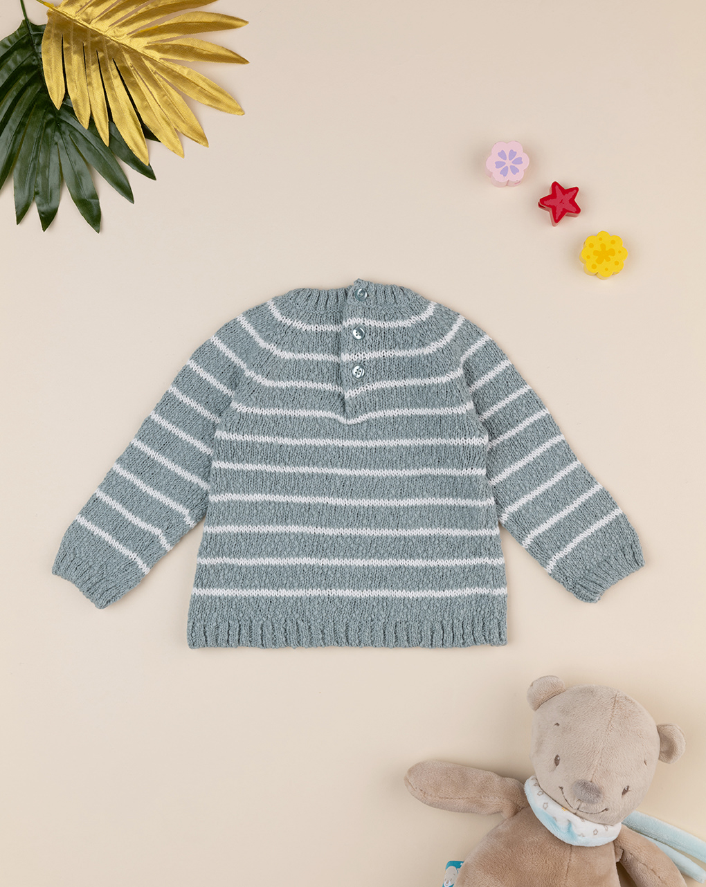 βρεφικό πουλόβερ γκριζοπράσινο ριγέ με αρκουδάκι για αγόρι - Prénatal