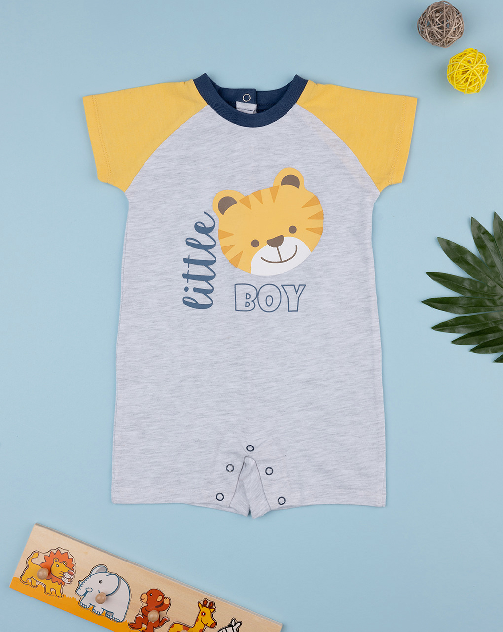 βρεφική κοντή ολόσωμη πιτζάμα γκρι little boy για αγόρι