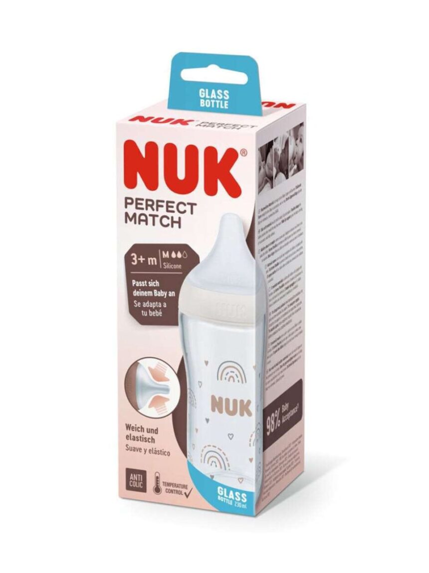 Nuk γυάλινο μπιμπερό perfect match 230ml με μαλακή θηλή σιλικόνης 3m+ rainbow 10212009 - Nuk