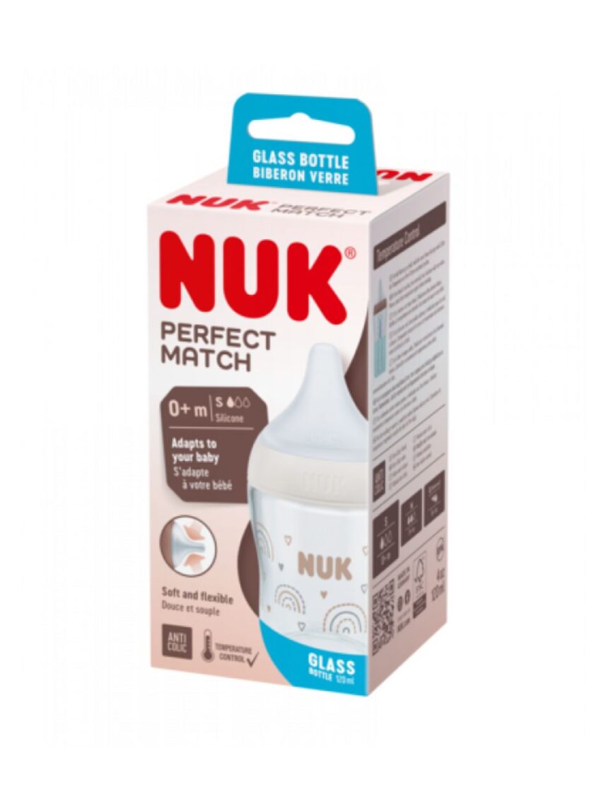 Nuk γυάλινο μπιμπερό perfect match 120ml με μαλακή θηλή σιλικόνης 0m+ rainbow 10211036 - Nuk