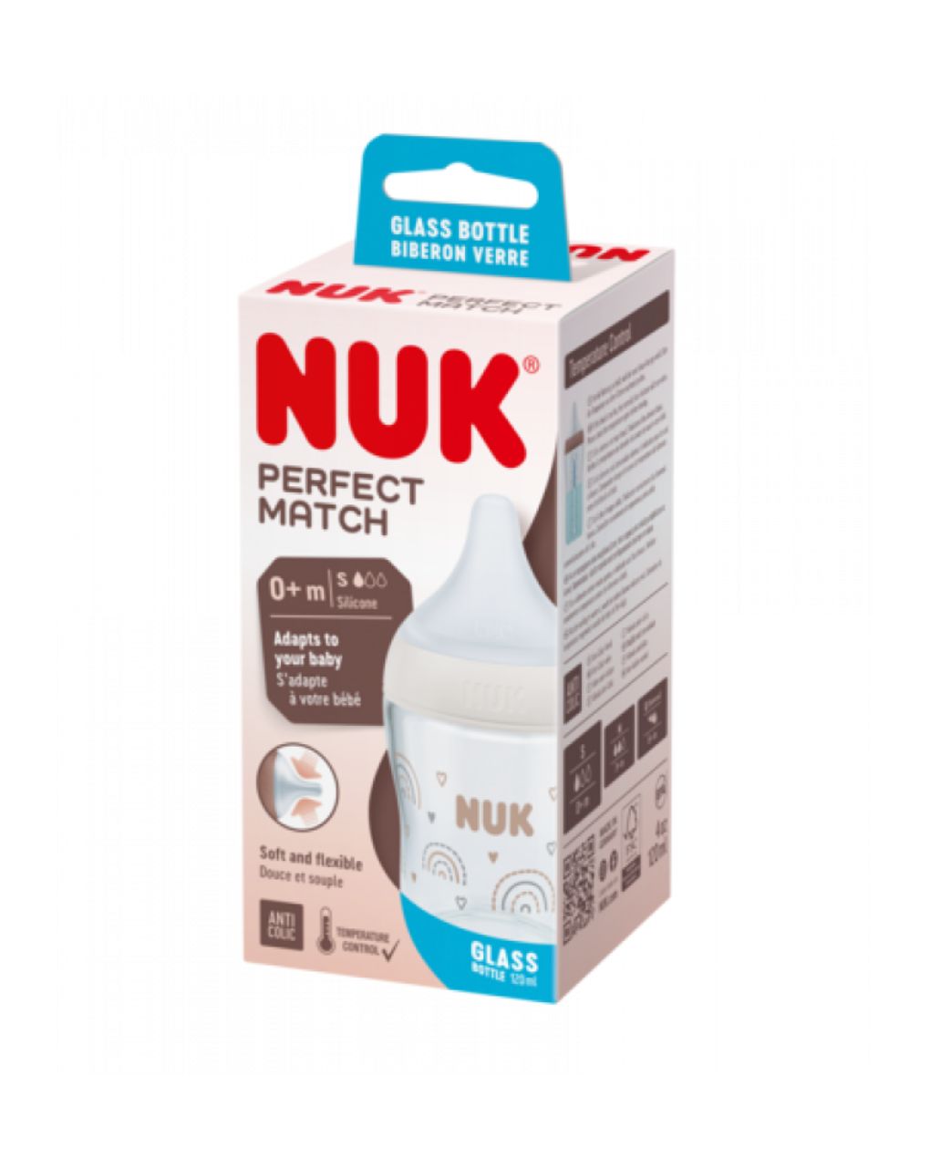 Nuk γυάλινο μπιμπερό perfect match 120ml με μαλακή θηλή σιλικόνης 0m+ rainbow 10211036 - Nuk