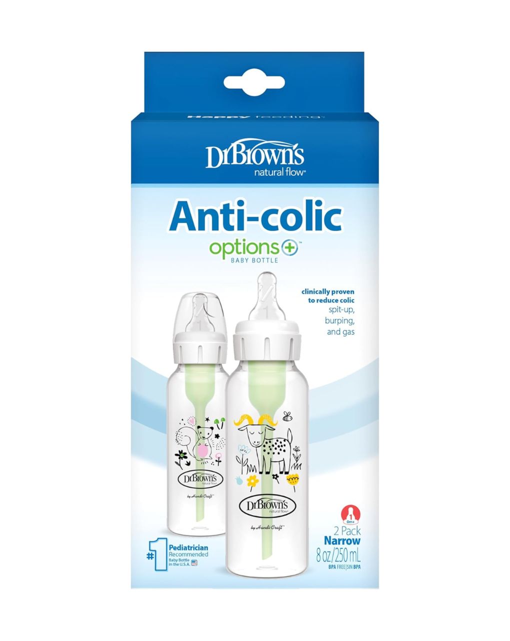 Dr. brown's options+ πλαστικό μπιμπερό 2τμχ με στενό λαιμό σκιουράκι+κατσικούλα 250ml sb82042 - Dr Browns