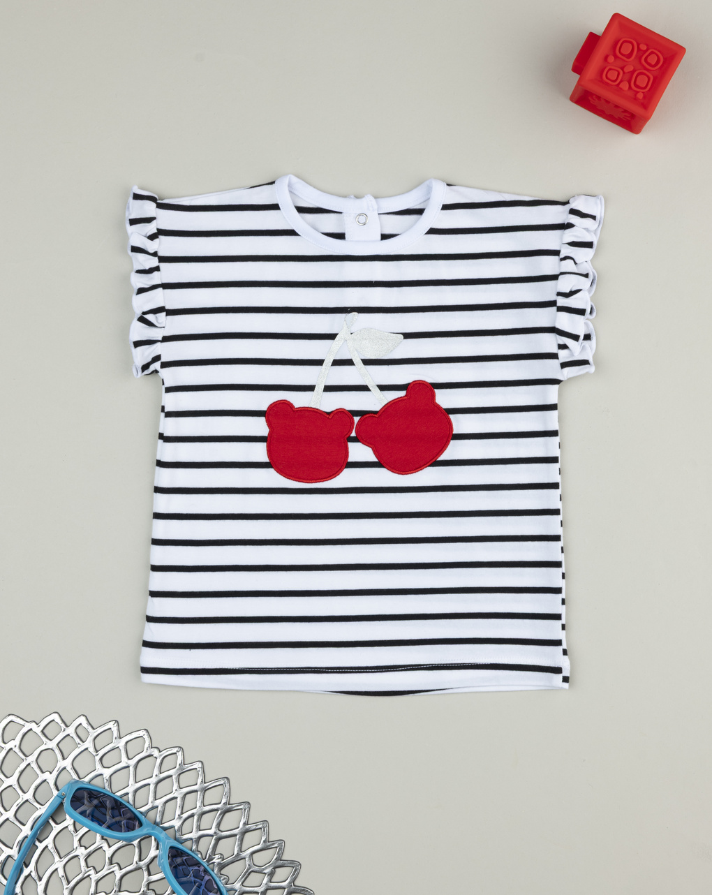 βρεφικό t-shirt λευκό ριγέ με κεράσι για κορίτσι