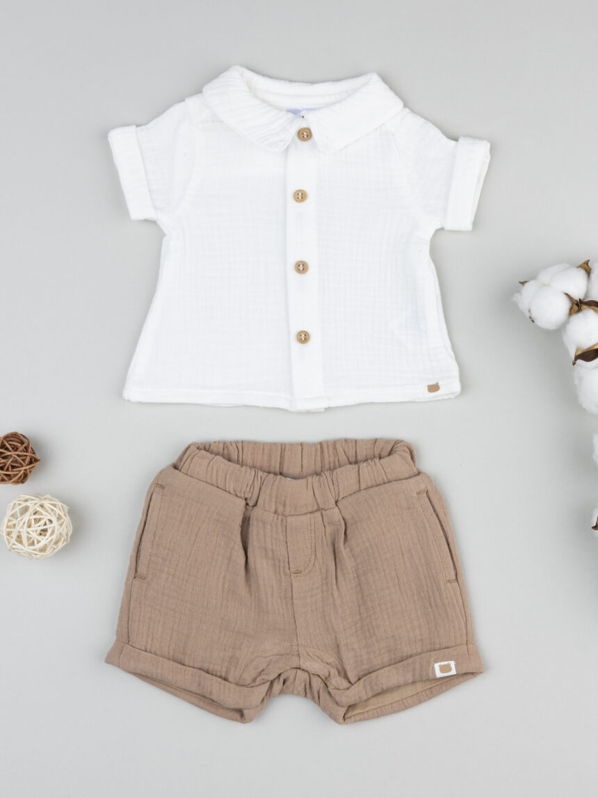 βρεφικό σετ πουκάμισο και σορτσάκι με αρκουδάκι για αγόρι - Prénatal