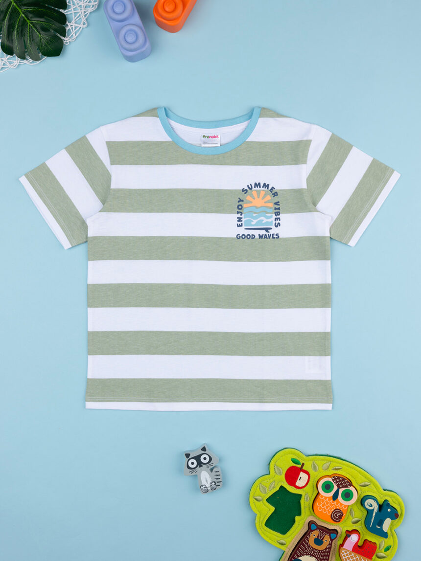 παιδικό t-shirt ριγέ λαδί/λευκό για αγόρι - Prénatal