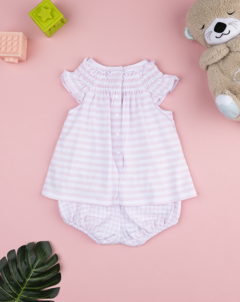 βρεφικό φορμάκι ριγέ ροζ/λευκό με αρκουδάκι για κορίτσι - Prénatal