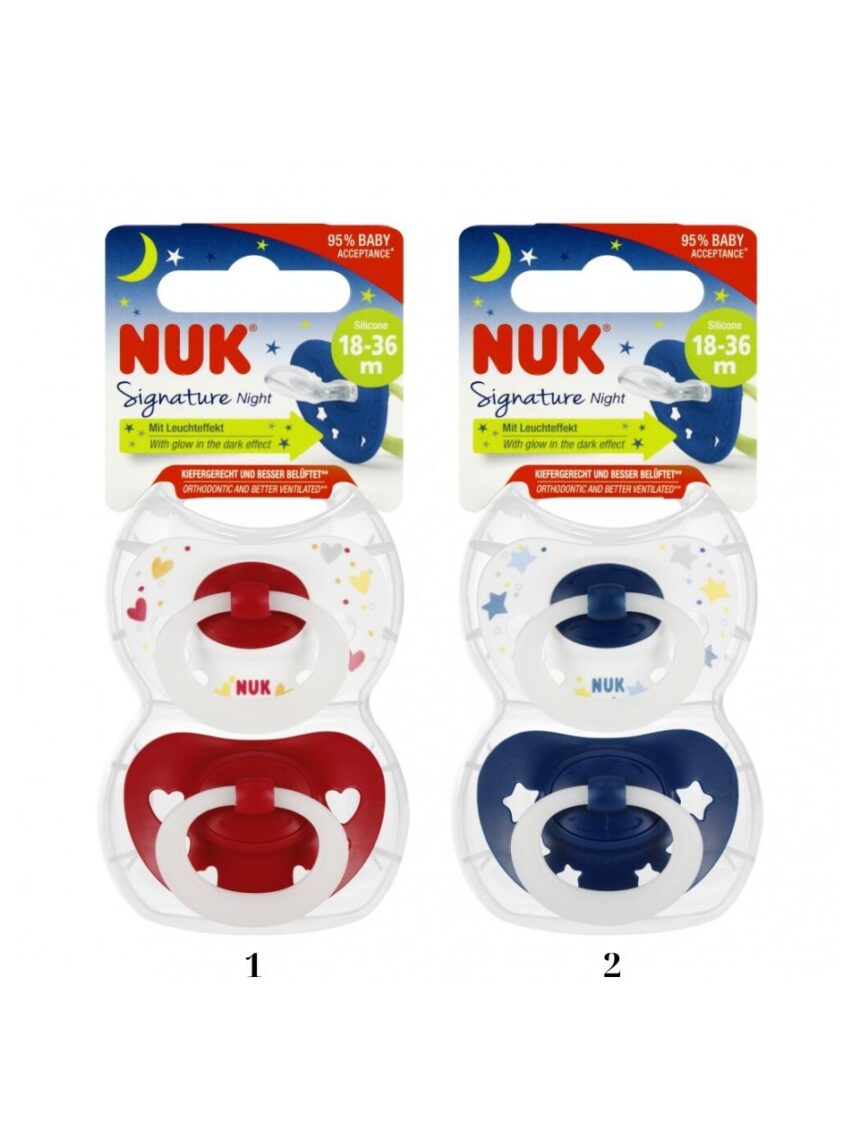 Nuk signature night πιπίλες σιλικόνης με θήκη 2τμχ 18-36m 10177166 (2 σχέδια) - Nuk
