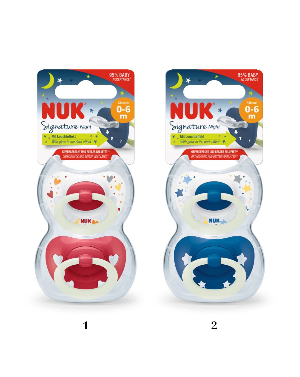 Nuk signature night πιπίλες σιλικόνης με θήκη 2τμχ 0-6m 10175270 (2 σχέδια) - Nuk