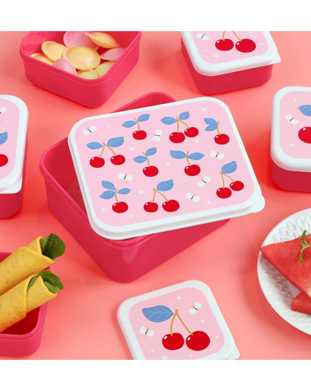 A little lovely company σετ 4 δοχεία φαγητού lunch & snack box cherries sbsech82 - A LITTLE LOVELY COMP