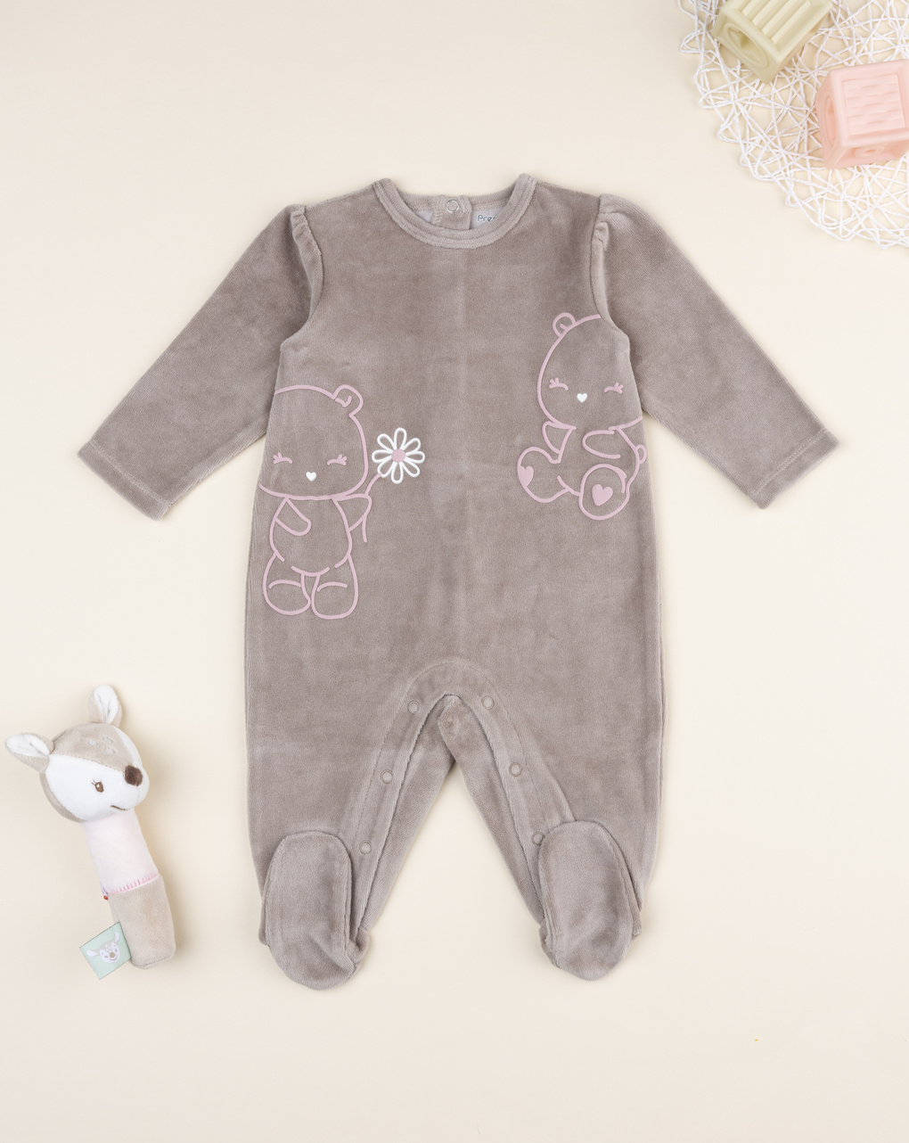 βρεφικό φορμάκι σενίλ καφέ με αρκουδάκια για κορίτσι - Prénatal