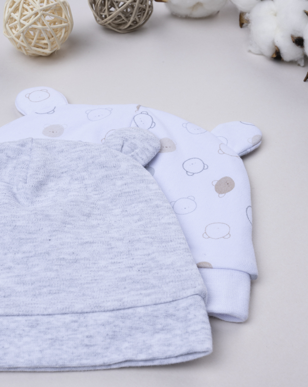 βρεφικά σκουφάκια γκρι/λευκό με αρκουδάκια για αγόρι - Prénatal