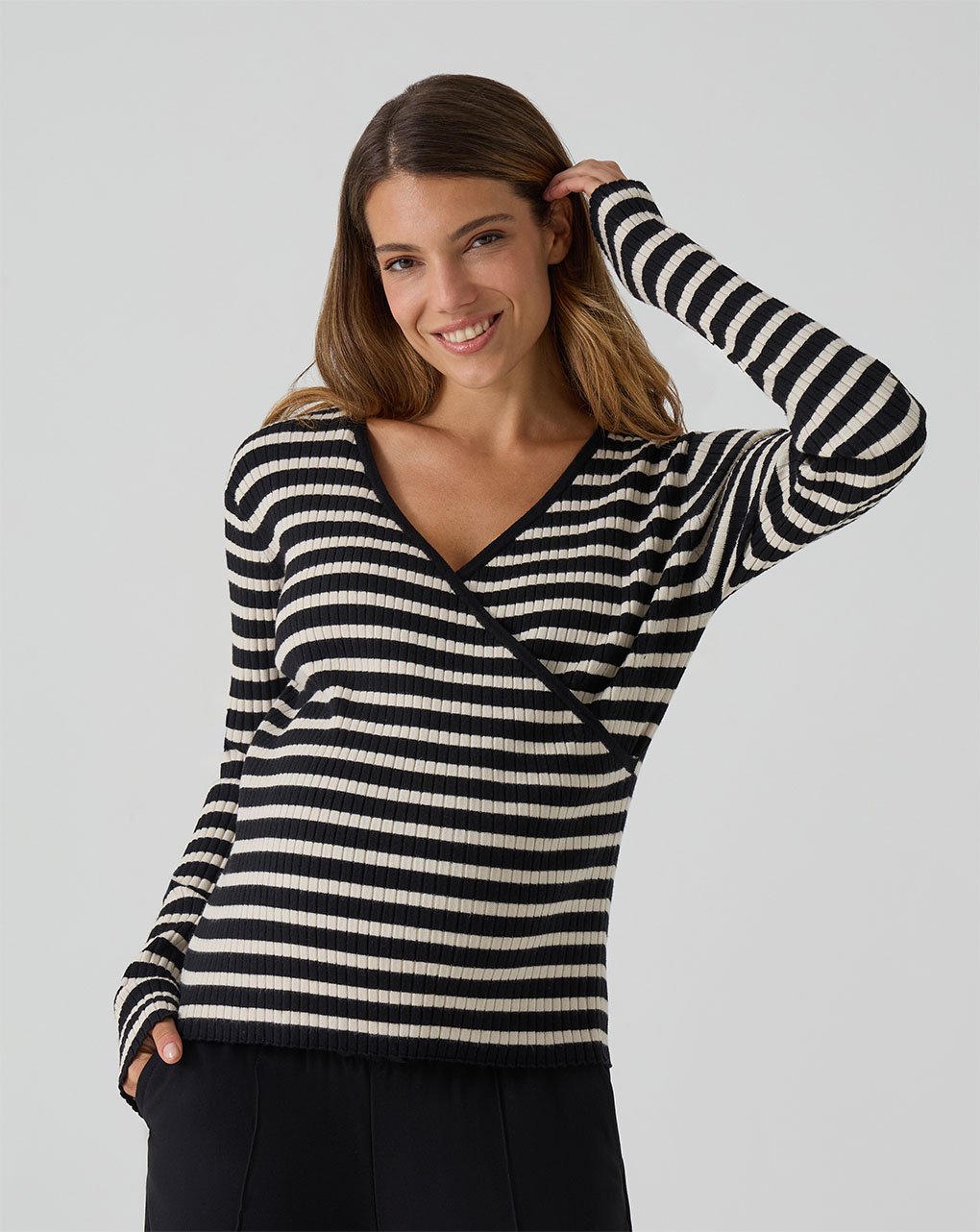 γυναικεία μπλούζα εγκυμοσύνης/θηλασμού ριγέ μαύρη/μπεζ - Prénatal