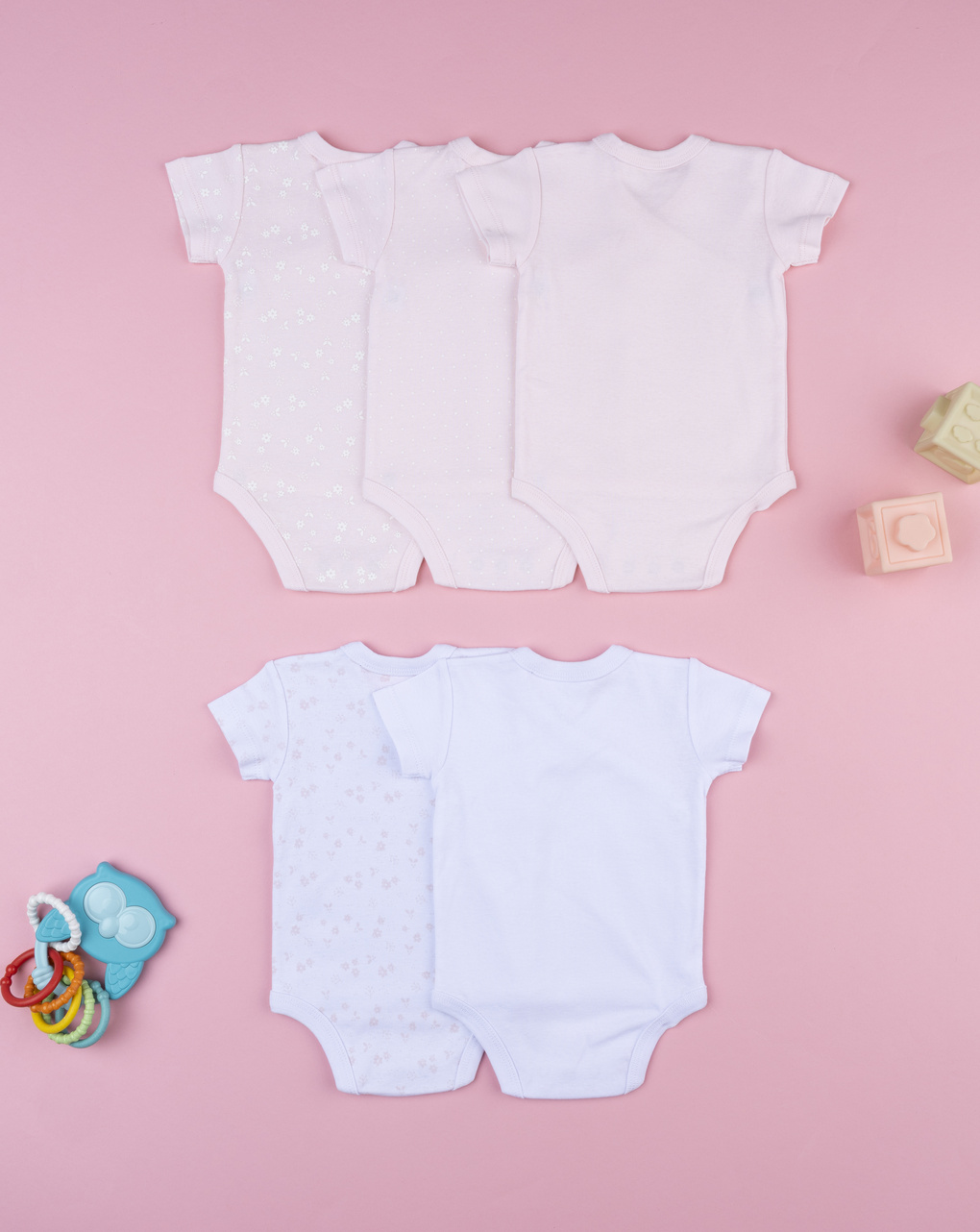 βρεφικά κορμάκια ροζ/λευκά με λαγουδάκια πακέτο x5 για κορίτσι - Prénatal