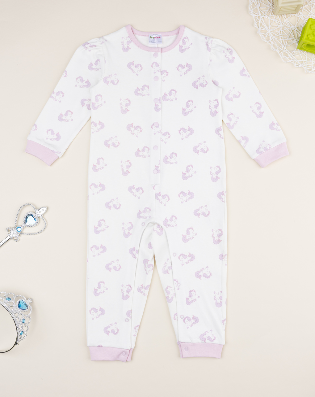 βρεφική ολόσωμη πιτζάμα λευκή με μονόκερους για κορίτσι