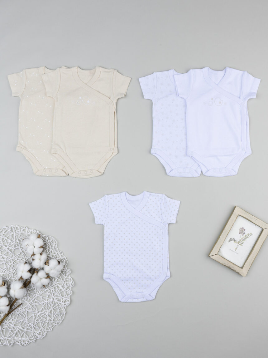 βρεφικά κορμάκια μπεζ/λευκά με πουλάκια πακέτο x5 για κορίτσι - Prénatal
