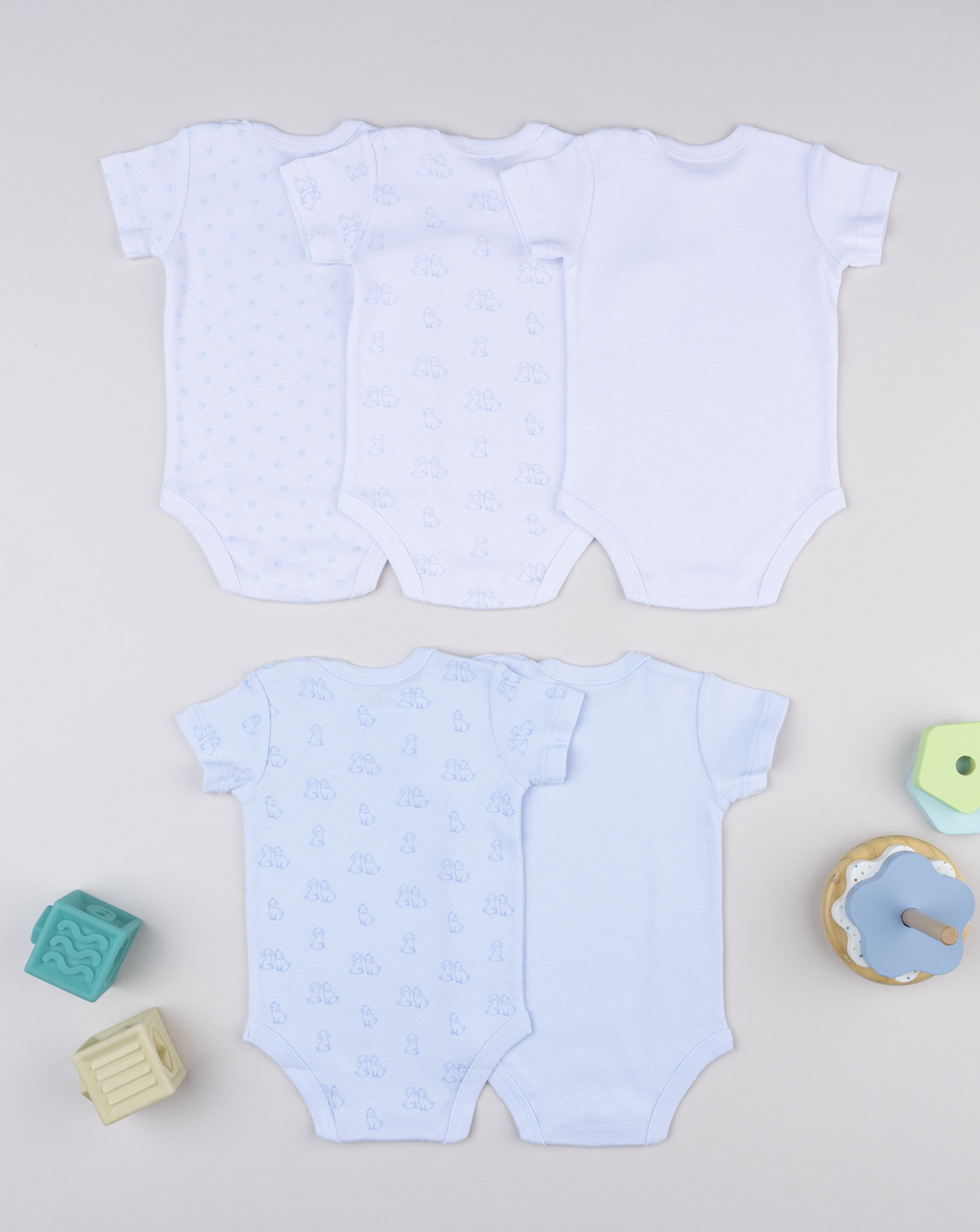 βρεφικά κορμάκια μπλε/λευκά με σκυλάκια πακέτο x5 για αγόρι - Prénatal