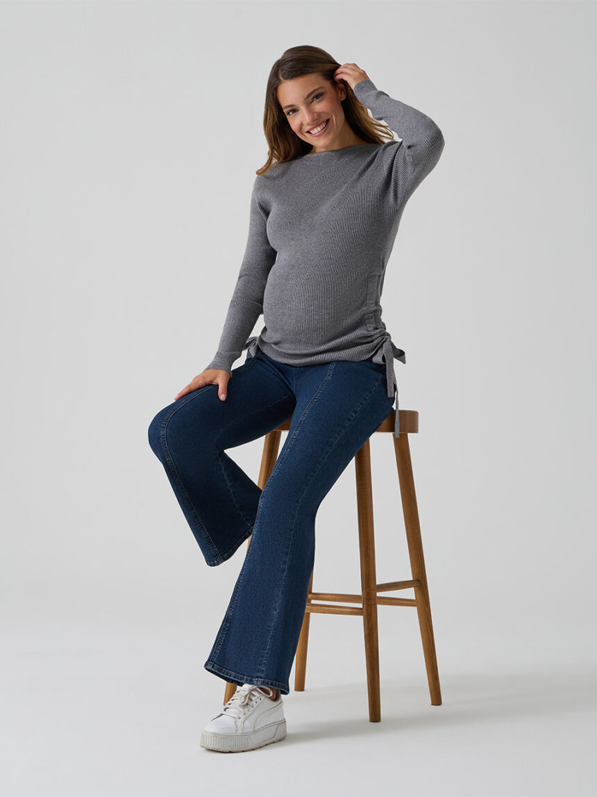 γυναικεία πλεκτή μπλούζα εγκυμοσύνης γκρι με φιογκάκι - Prénatal