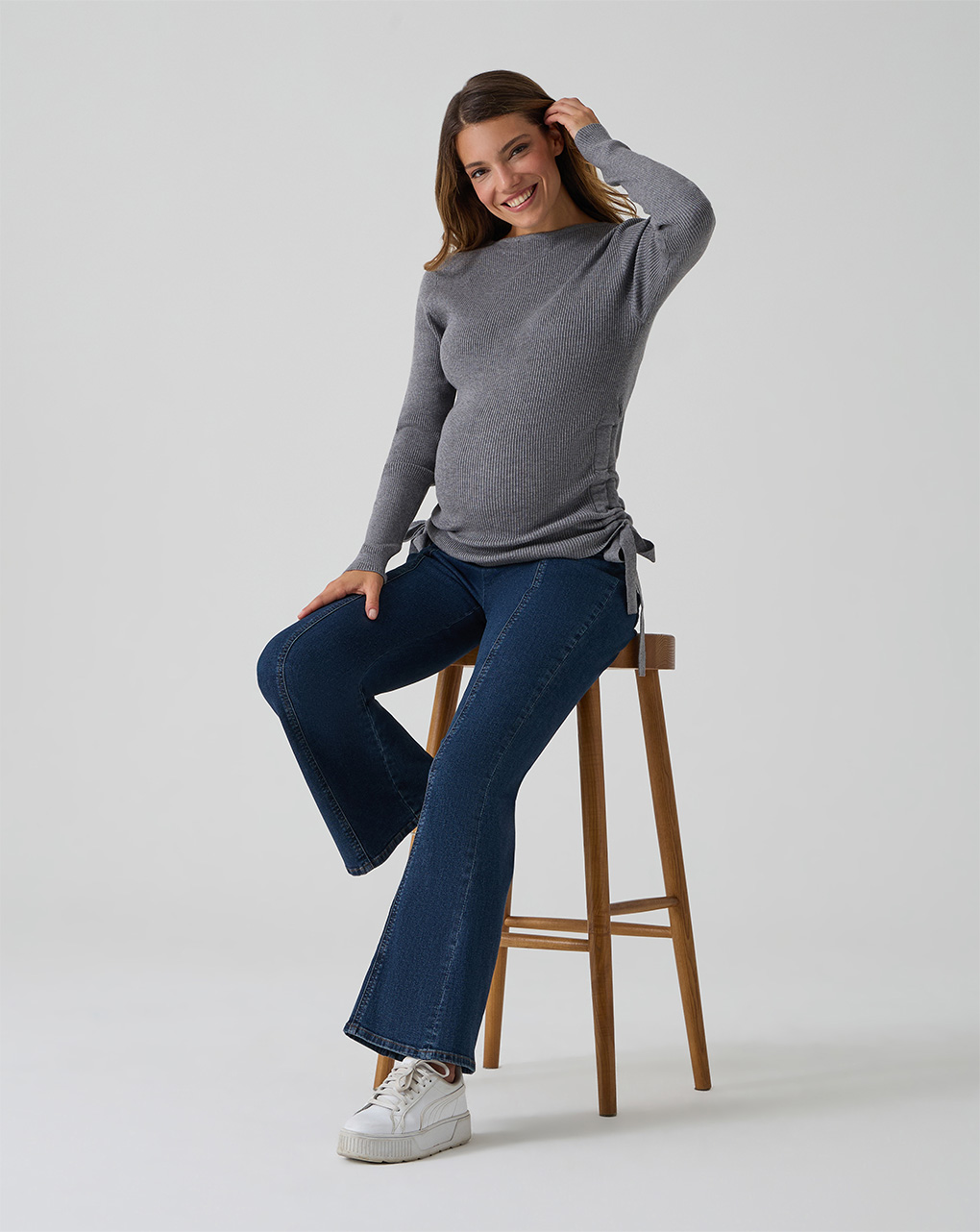 γυναικεία πλεκτή μπλούζα εγκυμοσύνης γκρι με φιογκάκι