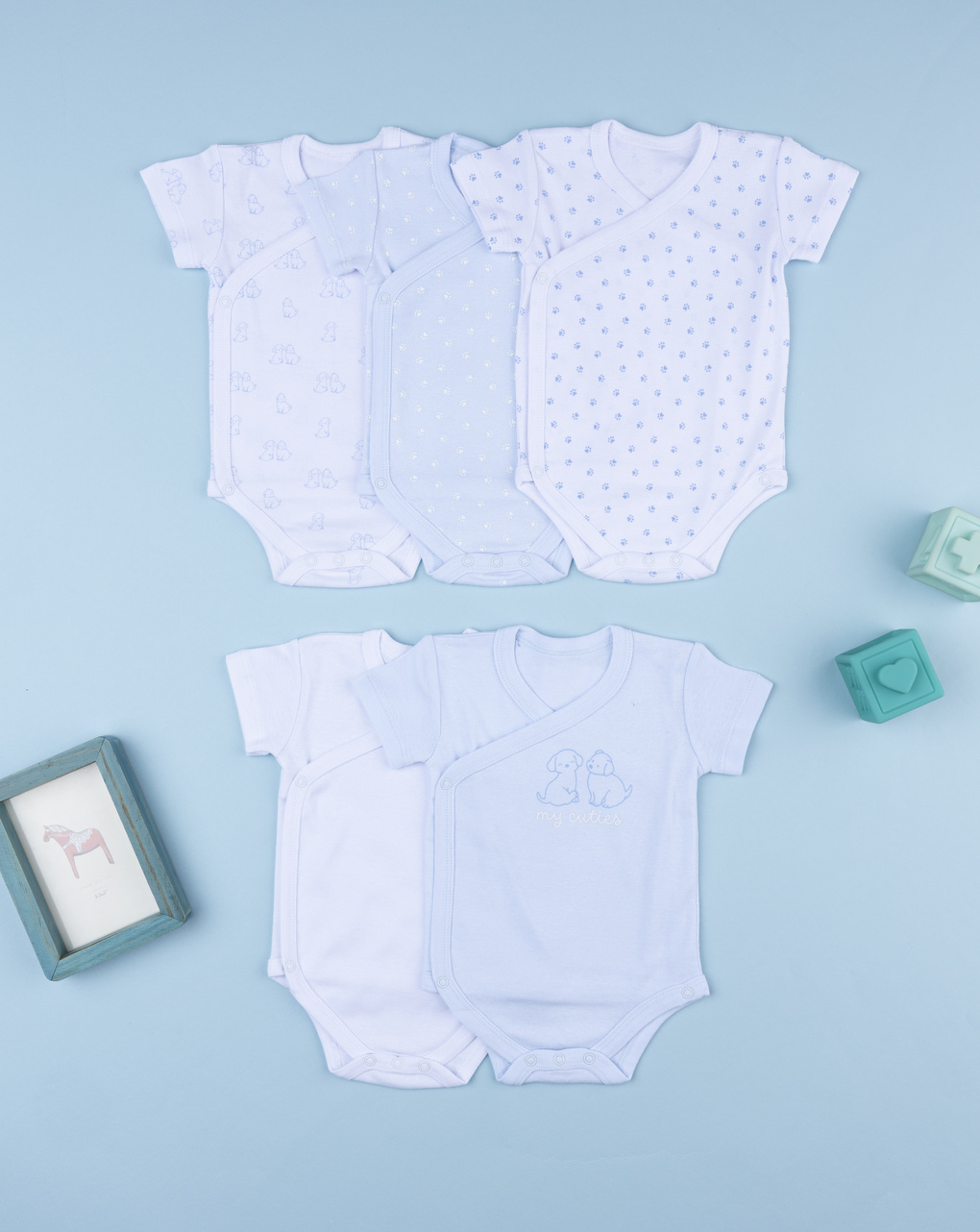 βρεφικά κορμάκια μπλε/λευκά με σκυλάκια πακέτο x5 για αγόρι