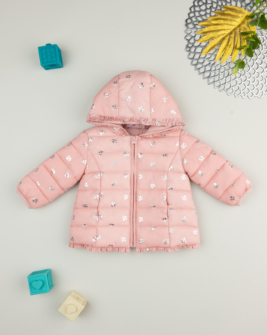 βρεφικό μπουφάν puffer ροζ με λουλούδια για κορίτσι