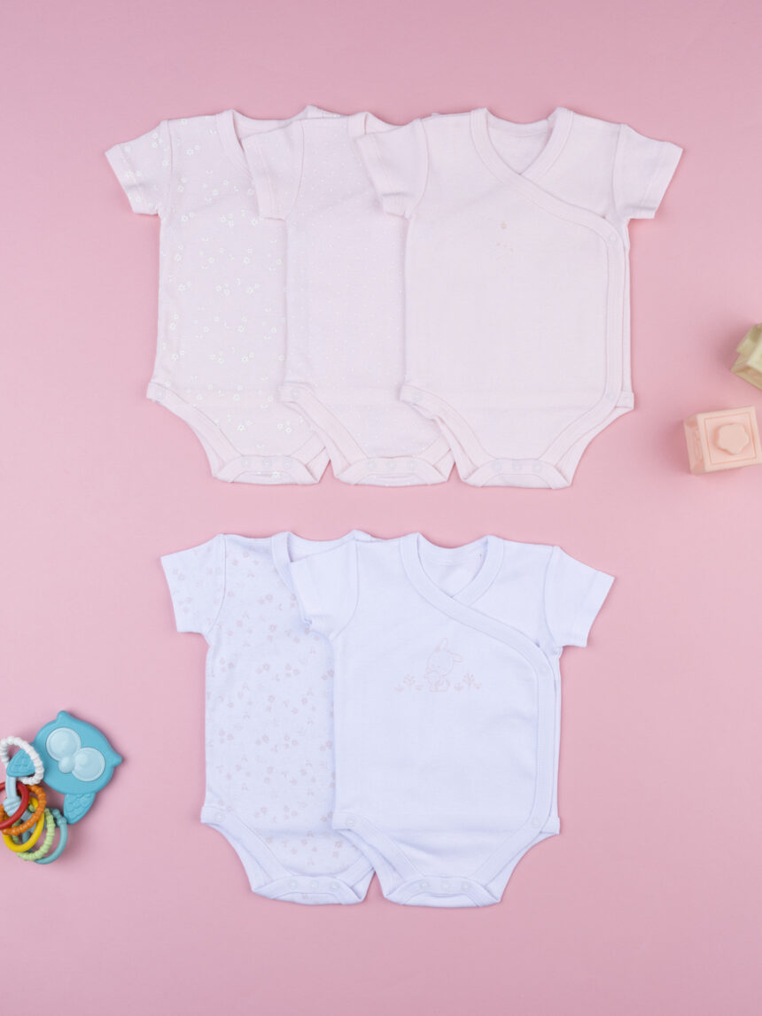 βρεφικά κορμάκια ροζ/λευκά με λαγουδάκια πακέτο x5 για κορίτσι - Prénatal