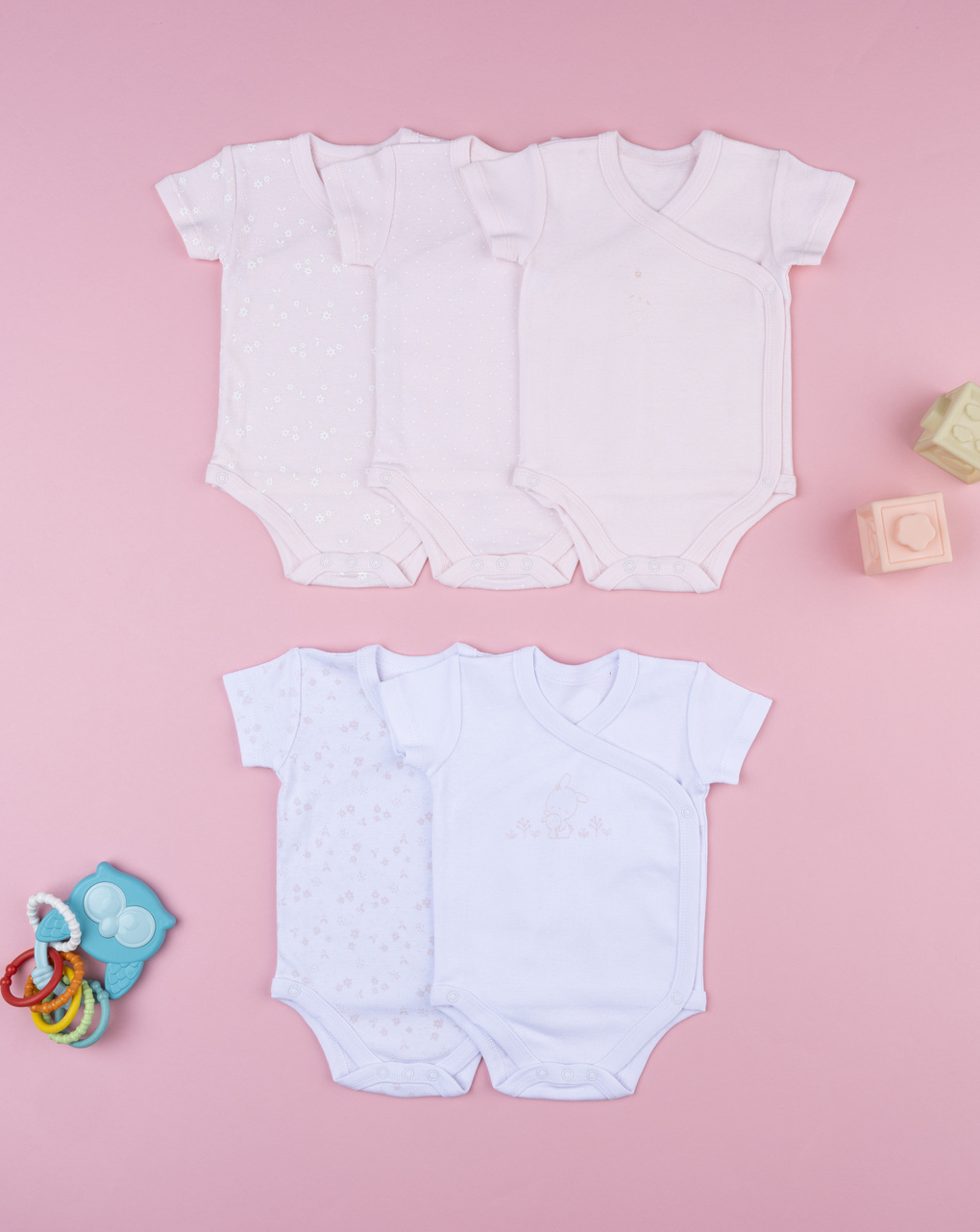 βρεφικά κορμάκια ροζ/λευκά με λαγουδάκια πακέτο x5 για κορίτσι