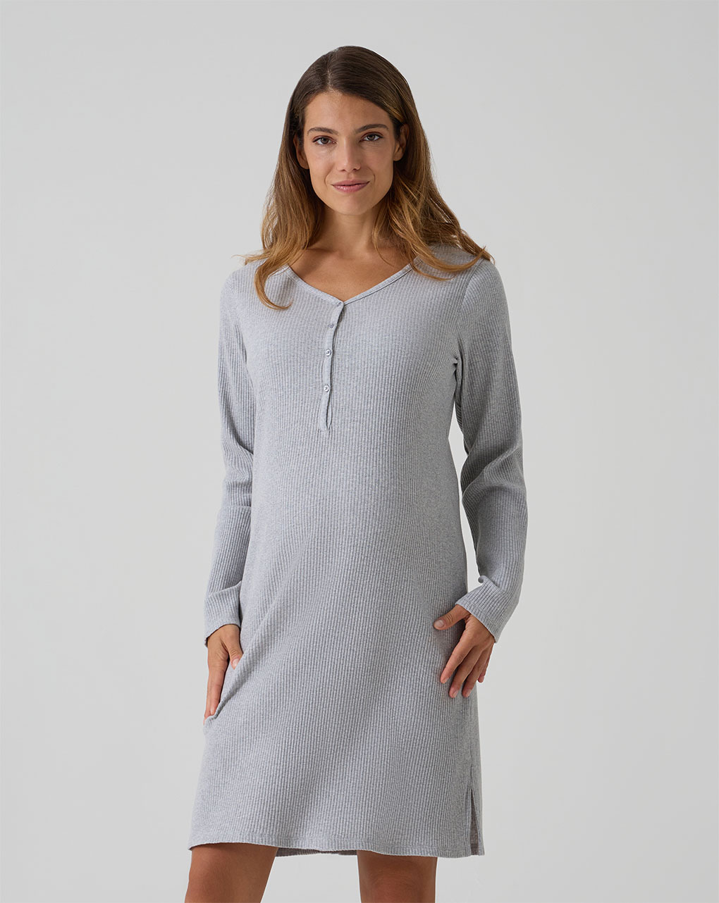 γυναικείο νυχτικό εγκυμοσύνης/θηλασμού γκρι ριμπ - Prénatal