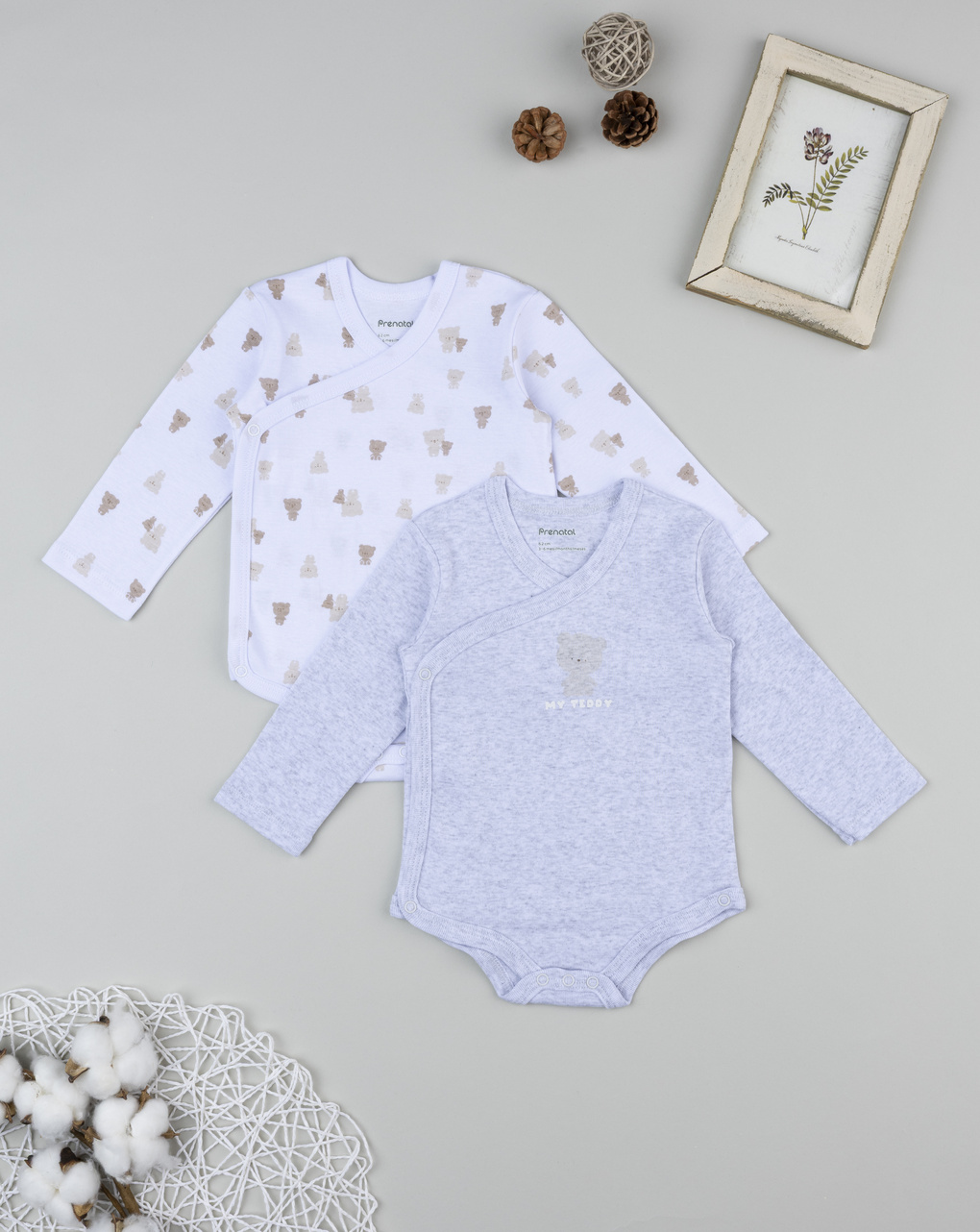 βρεφικά κορμάκια λευκό/γκρι με αρκουδάκια πακέτο x2 για αγόρι