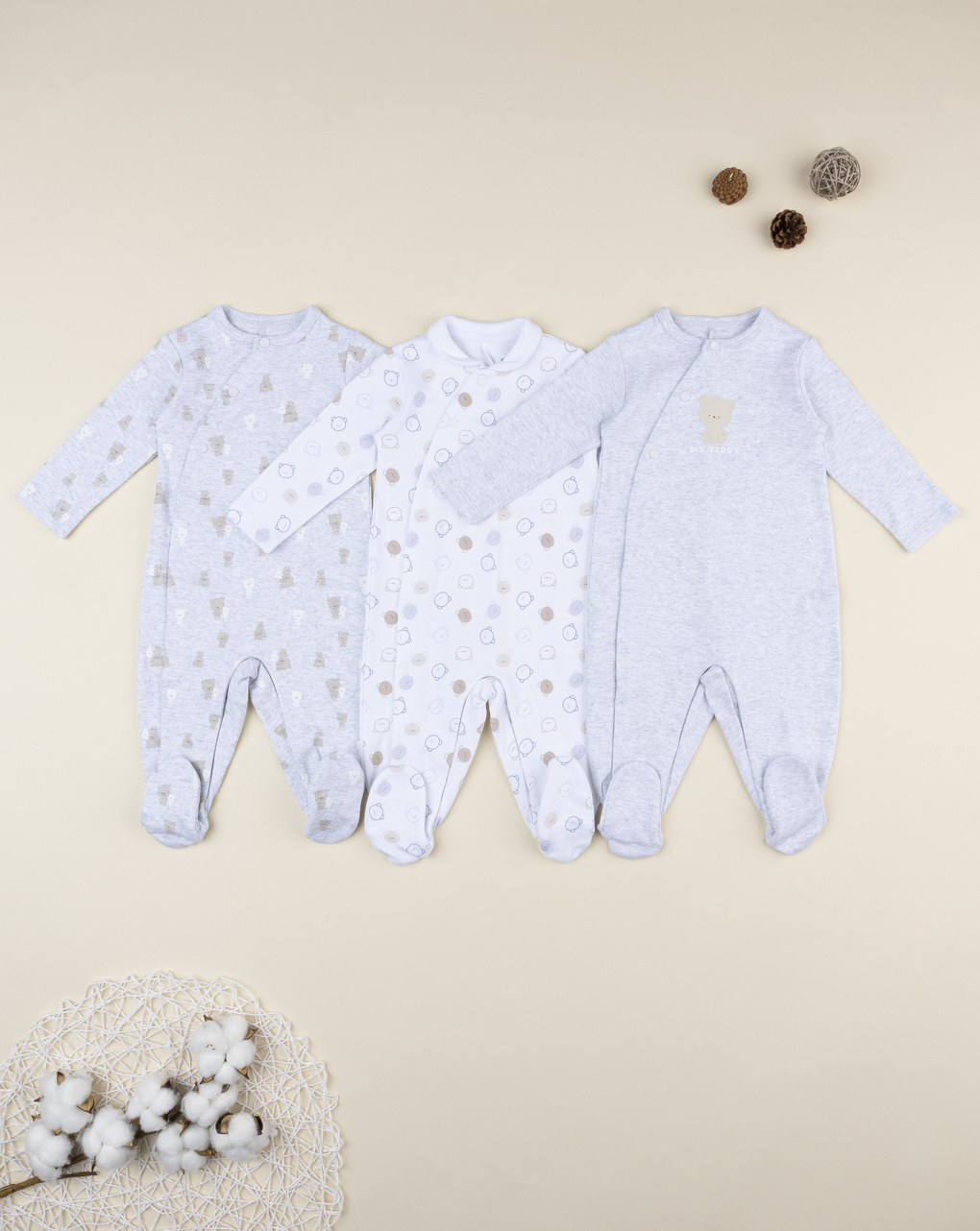 βρεφικά φορμάκια βαμβακερά με αρκουδάκια πακέτο x3 για αγόρι - Prénatal