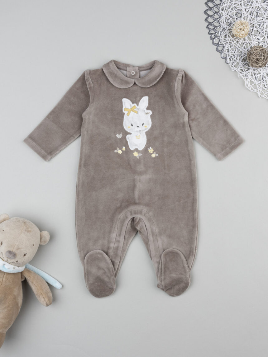 βρεφικό φορμάκι σενίλ καφέ με λαγουδάκι για κορίτσι - Prénatal