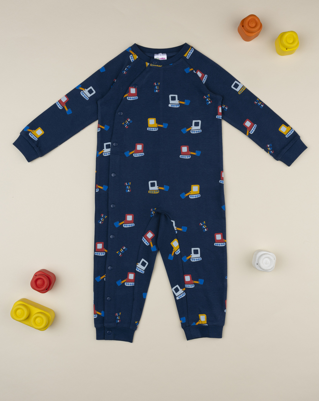 βρεφική ολόσωμη πιτζάμα μπλε με εκσκαφείς για αγόρι - Prénatal