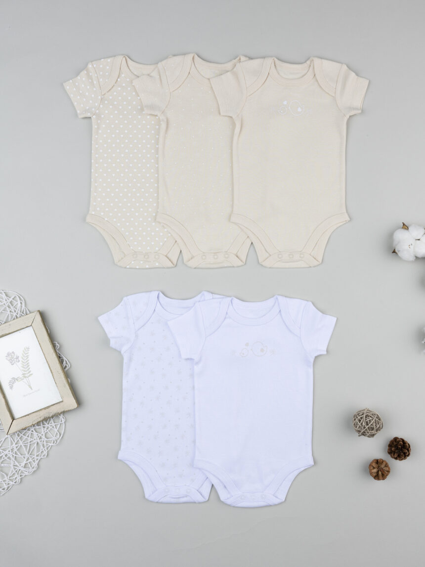 βρεφικά κορμάκια μπεζ/λευκά με πουλάκια πακέτο x5 για κορίτσι - Prénatal