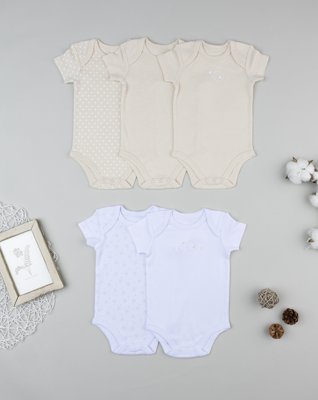 βρεφικά κορμάκια μπεζ/λευκά με πουλάκια πακέτο x5 για κορίτσι