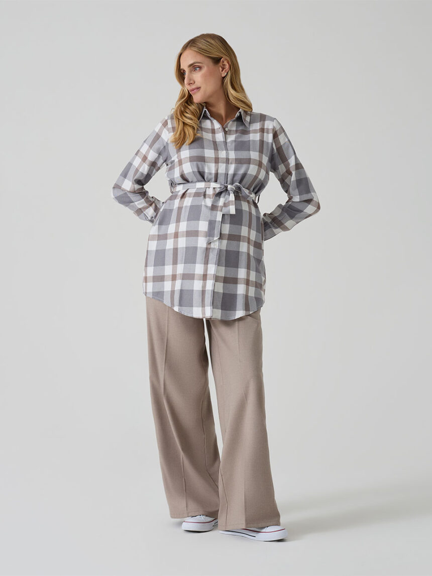 γυναικείο πουκάμισο εγκυμοσύνης/θηλασμού καρό γκρι/καφέ - Prénatal