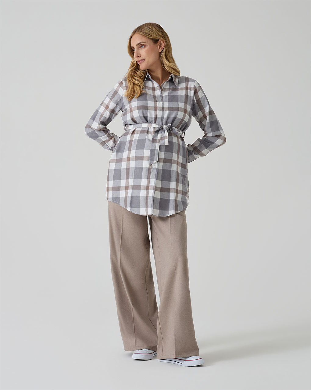 γυναικείο πουκάμισο εγκυμοσύνης/θηλασμού καρό γκρι/καφέ