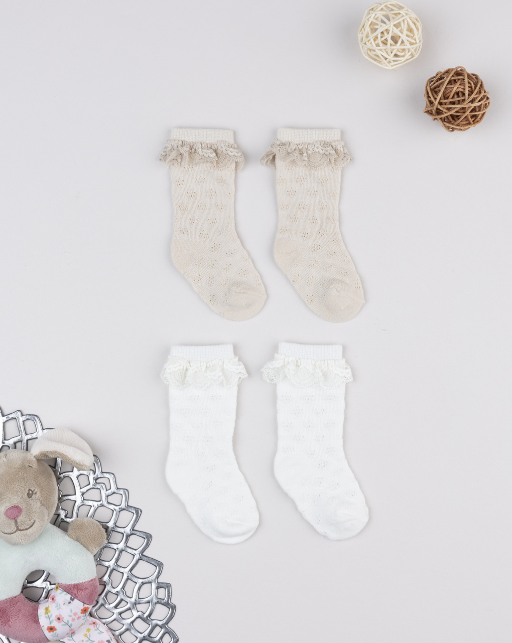 βρεφικά καλτσάκια πακέτο x2 μπεζ/λευκό για κορίτσι
