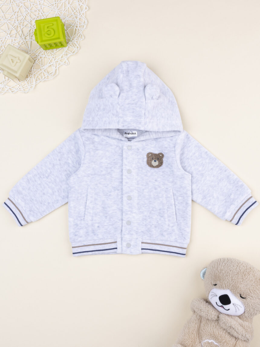 βρεφική ζακέτα βελουτέ γκρι με αρκουδάκι για αγόρι - Prénatal