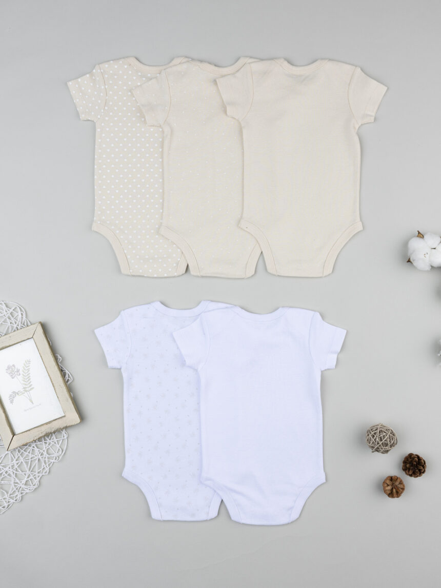 βρεφικά κορμάκια μπεζ/λευκά με πουλάκια πακέτο x5 για κορίτσι - Prénatal