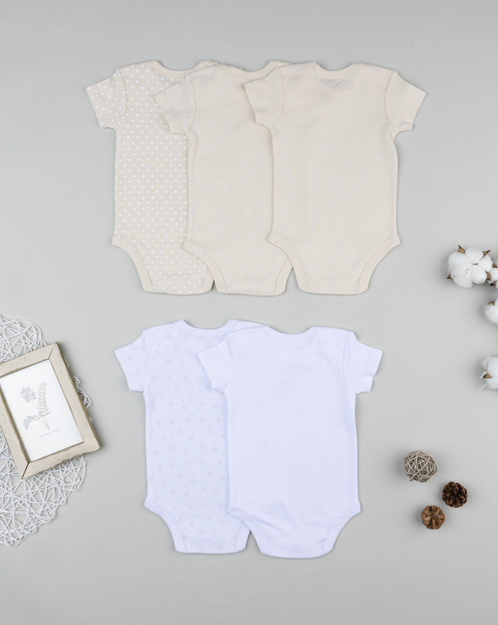 βρεφικά κορμάκια μπεζ/λευκά με πουλάκια πακέτο x5 για κορίτσι - Prénatal