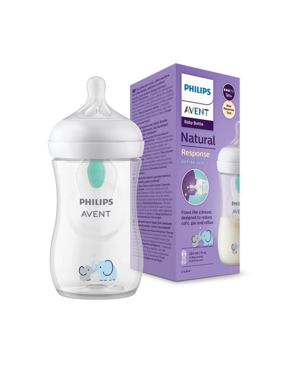 Philips avent πλαστικό μπιμπερό natural response με airfree valve 260ml 1m+ elephant scy673/81 - Philips Avent