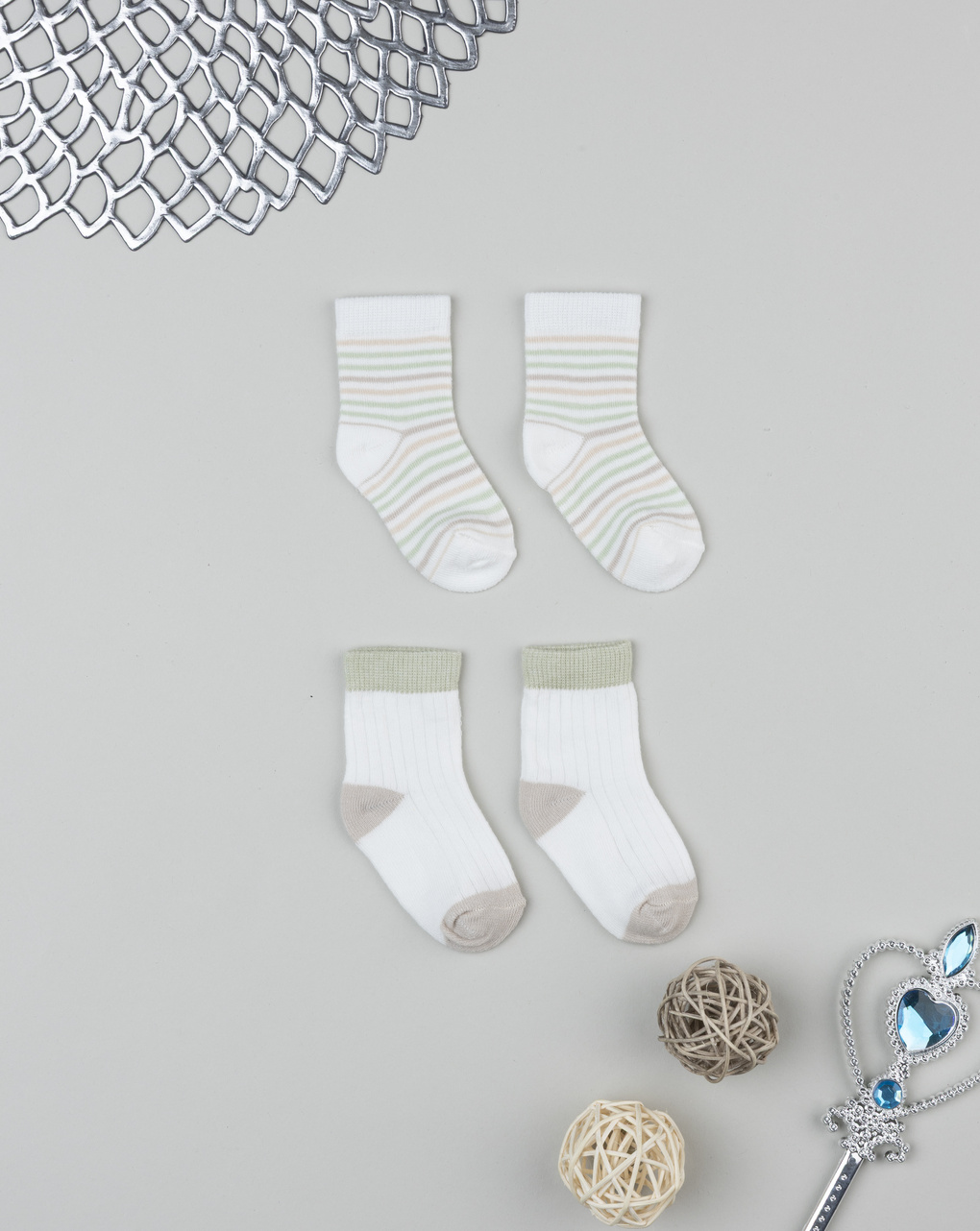 βρεφικά καλτσάκια πακέτο x2 φιστικί/λευκό/μπεζ για αγόρι - Prénatal