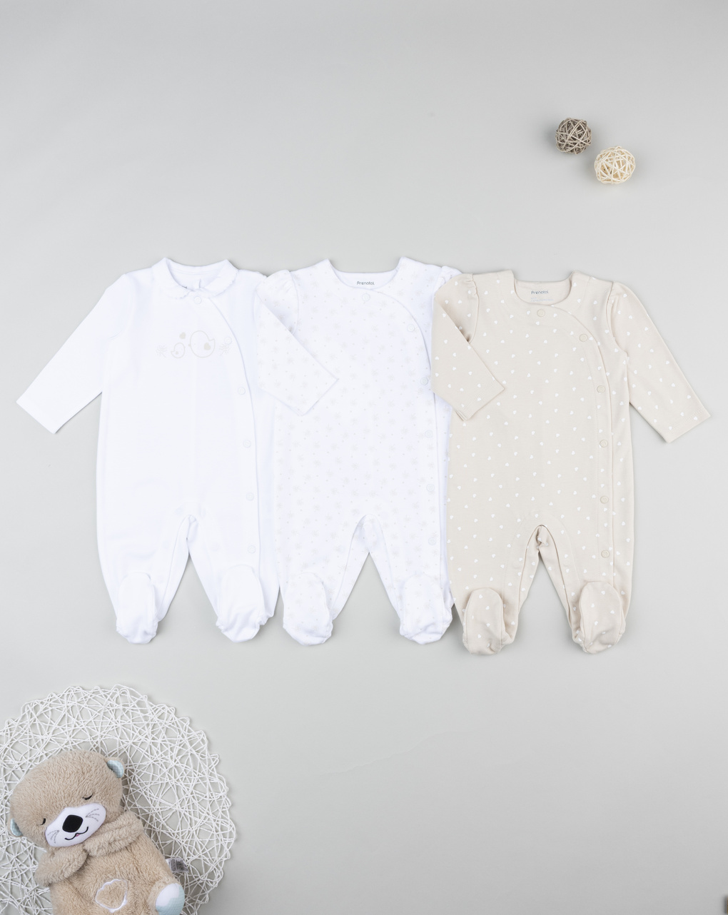 βρεφικά φορμάκια πακέτο x3 μπεζ/λευκό με καρδούλες για κορίτσι - Prénatal